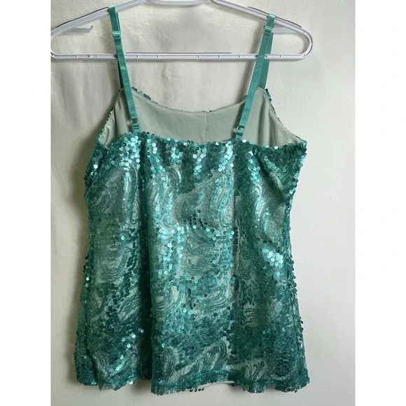 Womens Green Sequin Camisole Top Sparkle Adjustable Spaghetti Strap Sz M - Picture 4 of 8